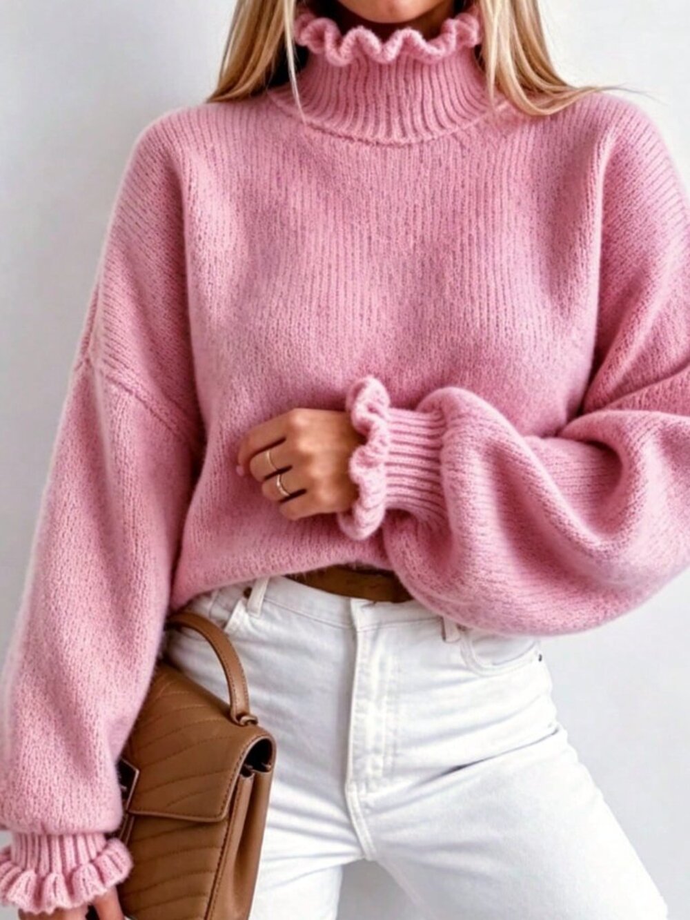 Pink Casual Women's Loose High Neck Drop Sleeve Pullovers